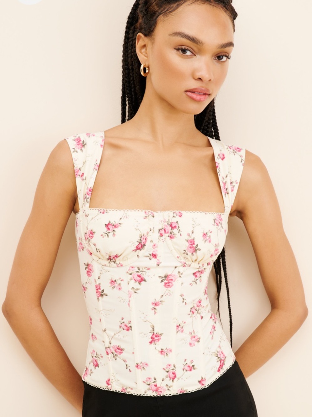 WeWoreWhat Cream Floral Square-Neck Corset Top with Pink Roses